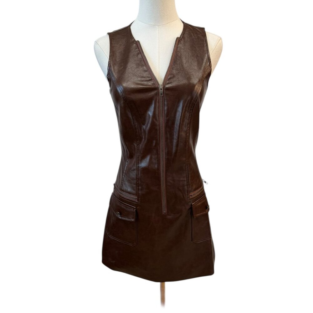 Futario Brown Faux Leather Zip Front Mini Dress Size XS – NWOT